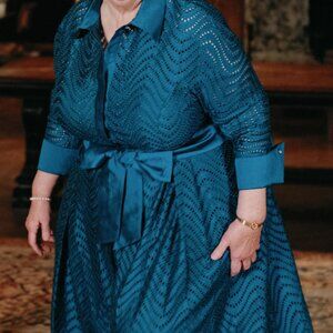 Teri Jon Shirt Waist Taffeta Chevron Pattern Eyelet Gown in Teal, Size 22